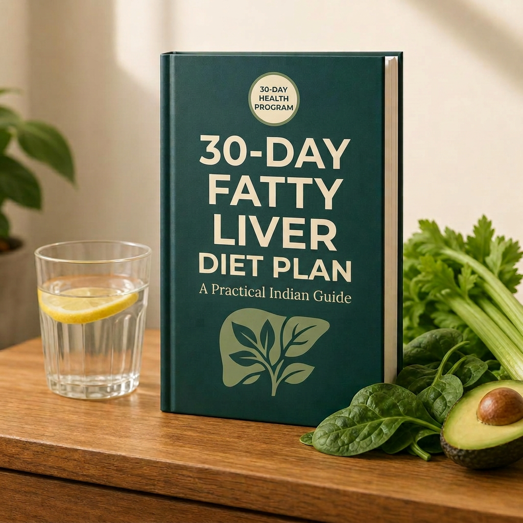 The 30-Day Fatty Liver Diet Plan ebook cover standing on a wooden table with fresh greens
